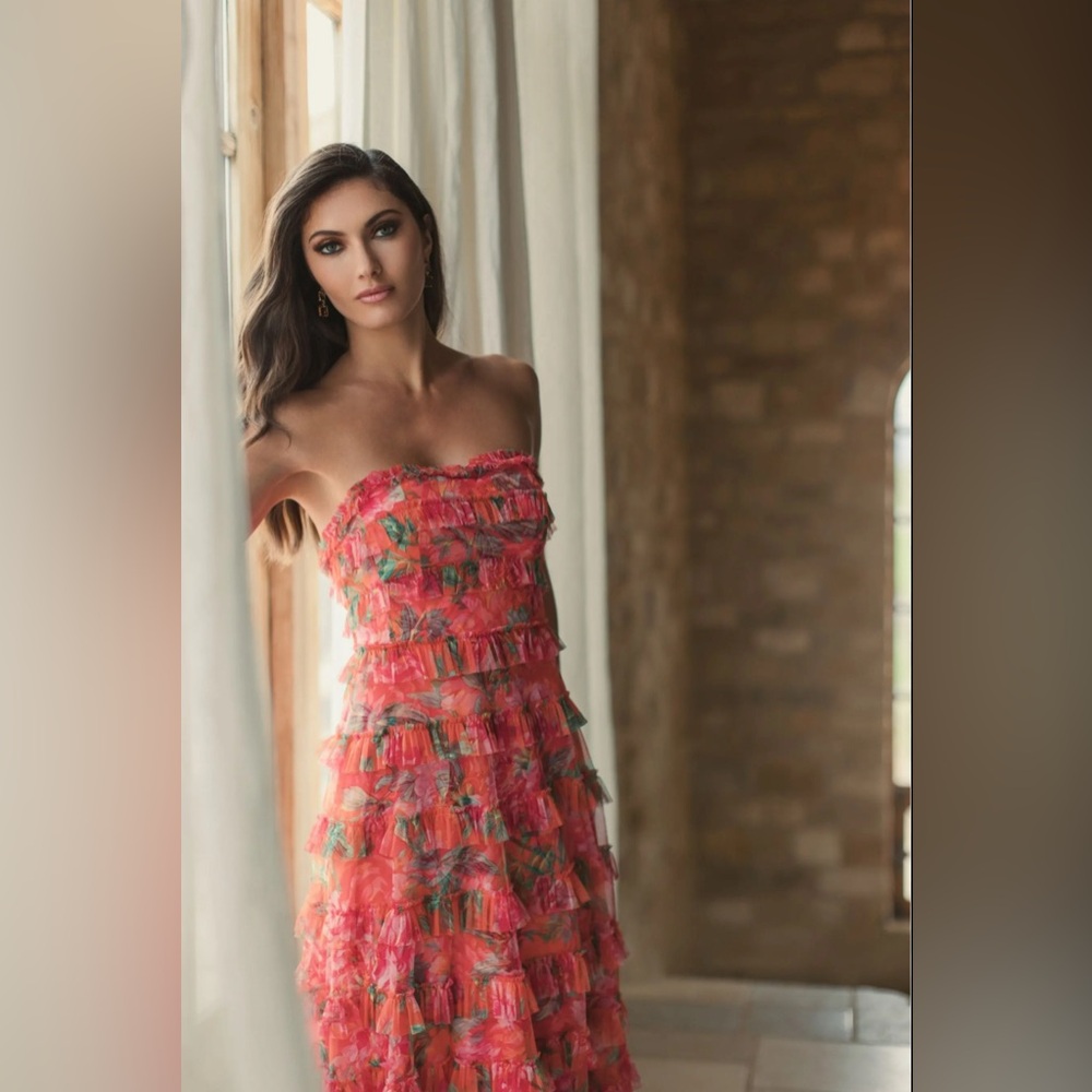 Mac Duggal Multi Color Strapless Floral Micro Ruffle Dress size 8 - Picture 3 of 17